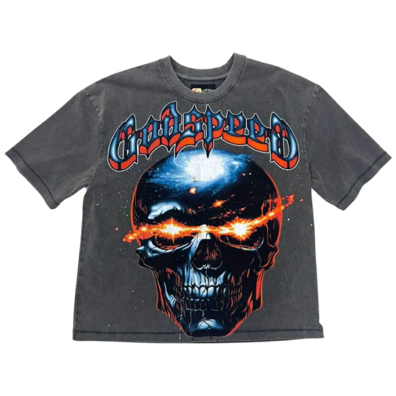 Grey Wash Godspeed Galaxsee Crew Neck T-Shirt - Godspeed Grey Wash Godspeed Galaxsee Crew Neck T-Shirt