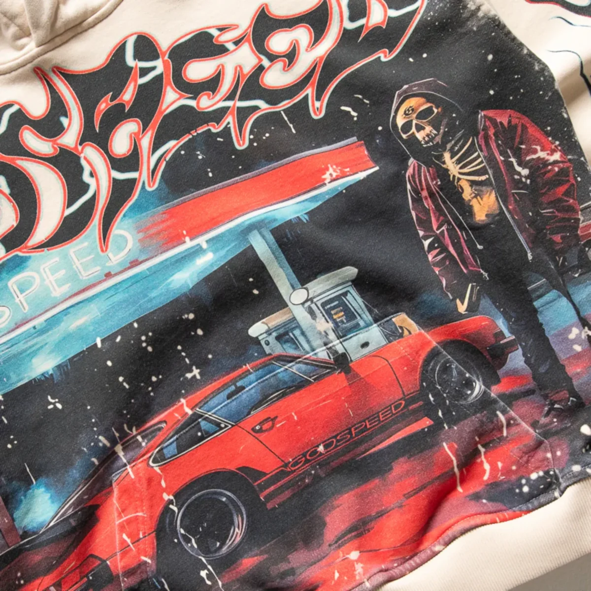 Men's Cream Wash Godspeed Pitstop Hoodie Close