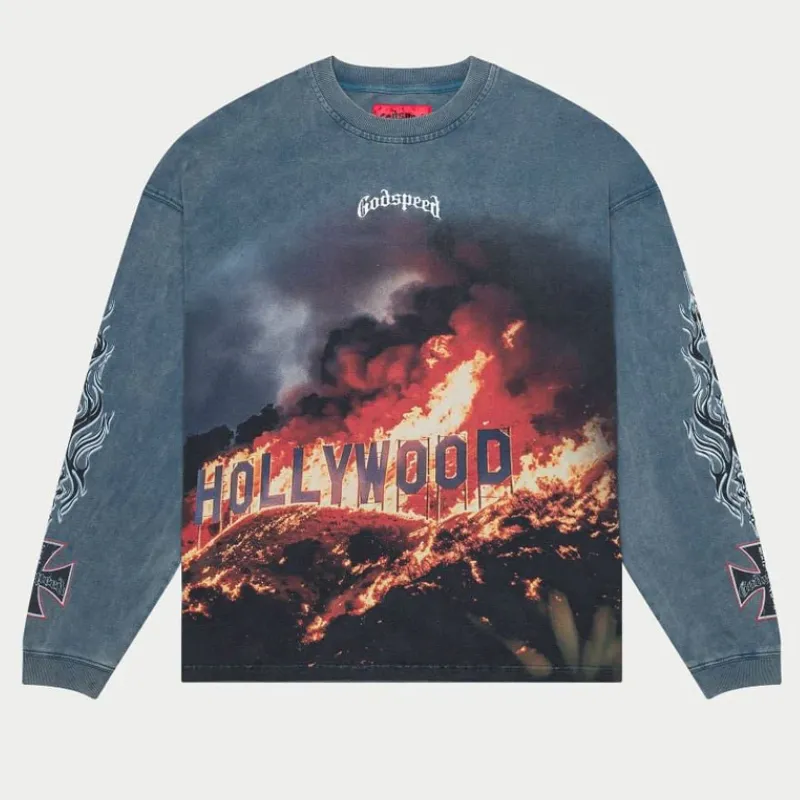 Wash Blue Godspeed Hollywood Inferno Long Sleeve T-Shirt - Godspeed Wash Blue Godspeed Hollywood Inferno Long Sleeve T-Shirt