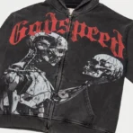 Wash Grey Godspeed Mankind vs Ai Zip Up Hoodie Close Up View