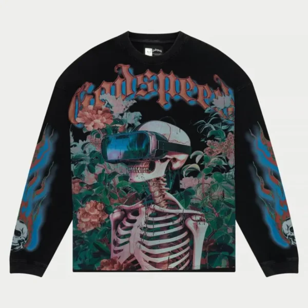 Washed Black Vision Flowers Thermal Long Sleeve Shirt