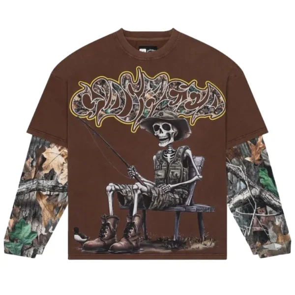 Washed Brown Godspeed Gone Fishing Layered L/S Tee